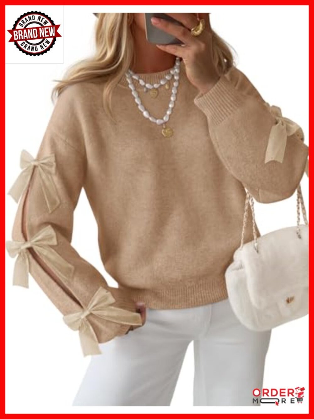 Oversized Chunky Knit Sweater with Bow Sleeves Crew Neck Pullover